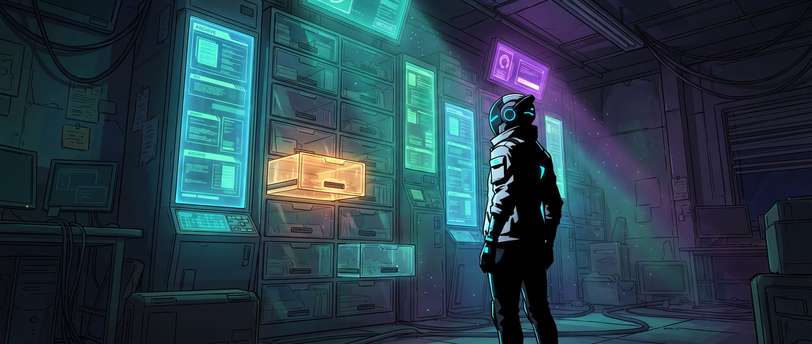 Stacked translucent archive drawers with glowing index tabs
